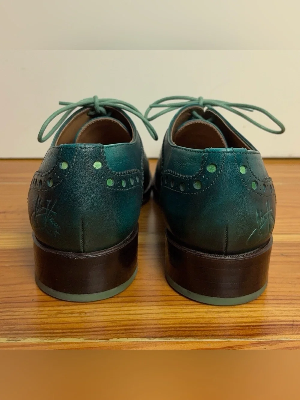 John Fluevog Granville Shoes Men's 8 Turquoise Leather Oxford Brogue Plain Toe - Picture 7 of 16